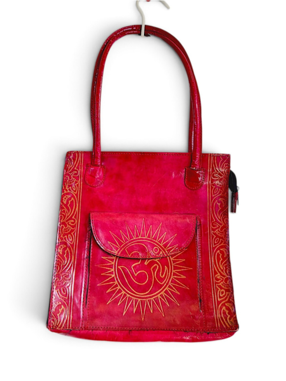 Red Gold Om Sun tooled Embossed Leather Shoulder Bag colorful boho hippie
